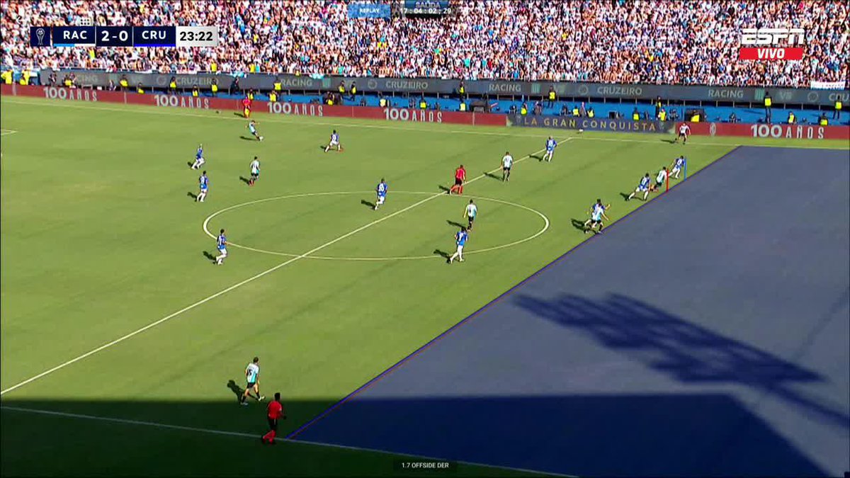 Bueno, después de 20 minutos mostraron esto: tomaron como referencia a William (12) en vez de João Marcelo (43), que parece estar más atrás. Pero lo más increíble es que luego, para mostrar la habilitación en el 2-0, ¡usaron el VAR semiautomático! Papelón.