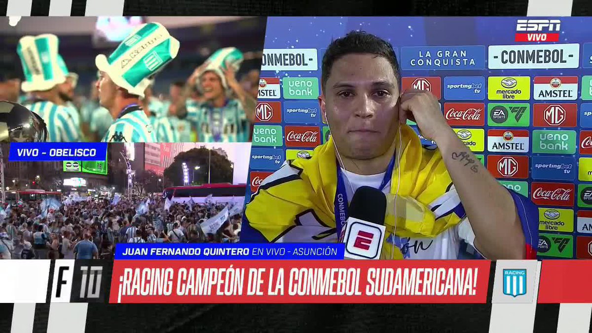 🏆⚽¡JUANFER, HASTA LAS LÁGRIMAS! Atención con la charla, a flor de piel, entre Quintero y @pollovignolo tras la consagración de Racing. ▶️ Más 🏆 Conmebol #Sudamericana en #DisneyPlus