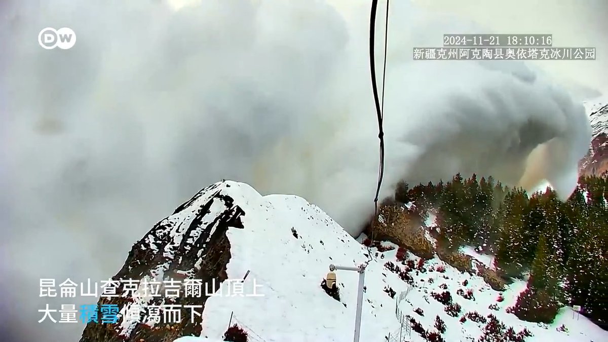【新疆大规模雪崩录入监控画面】 周四晚，新疆阿克陶县奥依塔克冰川公园的监控摄像头拍摄下壮观的雪崩画面。这一画面甚至也上了德国电视一台晚间黄金时间的新闻。