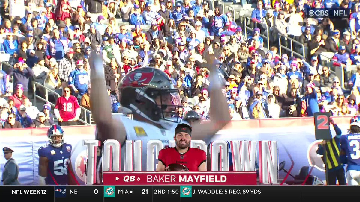 "Baker Mayfield doing the Tommy DeVito in the Giants' end zone. Oh boy."