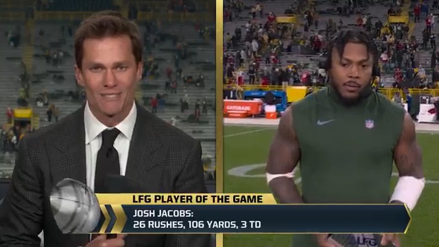 "I felt like I was the missing piece, and I wanted to come in here and put my stamp on the @Packers." Green Bay RB Josh Jacobs joins Tom Brady after being named his #LFG Player of the Game!