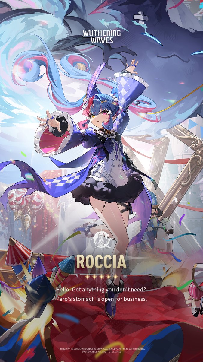 Post-Lament Anthropocene: Stars Intertwined — Roccia The Peculiar Box she carries seems to hold everything in the universe— A cascade of confetti and ribbons in countless hues, dazzling Luceanites, and fireworks that light up the theater with joy... They burst forth from her box, crafting a vibrant stage for drama and celebration. #WutheringWaves