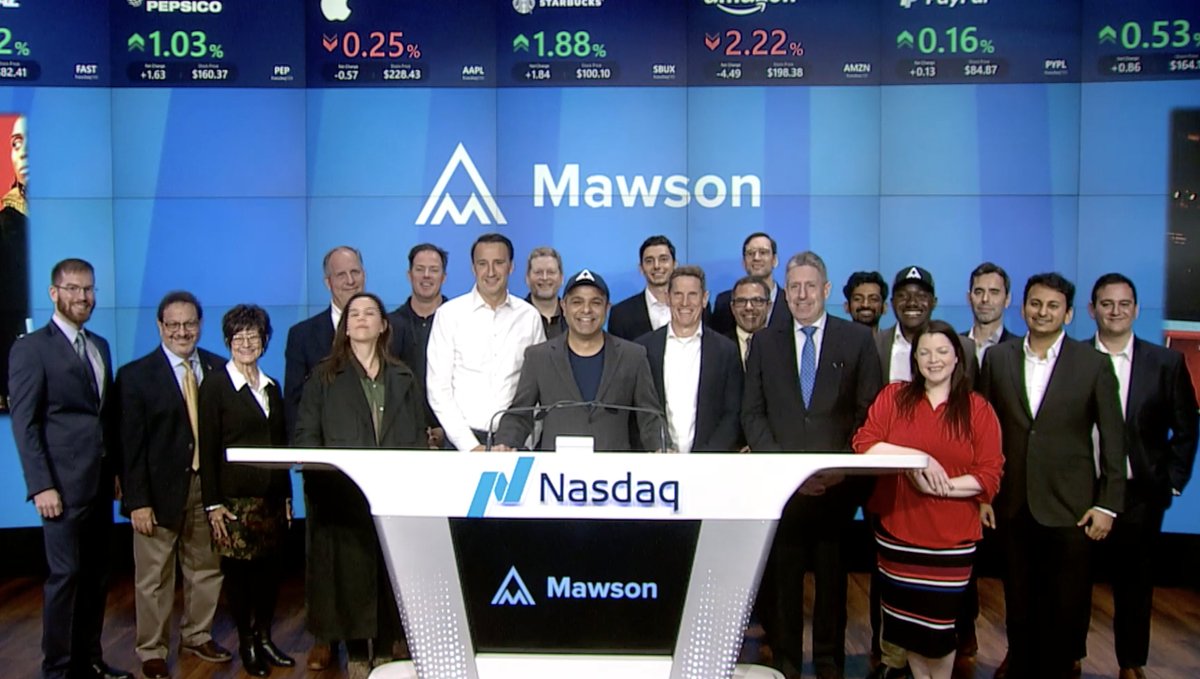 In commemoration of the Mawson Infrastructure Group (NASDAQ: MIGI)’s recent successes and accomplishments, Rahul Mewawalla, CEO and President of Mawson Infrastructure Group, joined by the Company’s board of directors and members of the Company’s management team, was invited to ring the closing bell at NASDAQ. Rahul Mewawalla, CEO and President said, “In recognition of our recent accomplishments and recognizing our innovative approach towards digital infrastructure platforms, we are pleased to ring Nasdaq's closing bell. I want to especially thank the hard work, dedication, and innovation of our employees, our partners and our customers. We are excited about our continued advancements and expect digital infrastructure will be foundational for transformative technologies across artificial intelligence (AI), high-performance computing (HPC), and digital assets moving forward.” $MIGI #mawsoninc #migi #BTC #bitcoinetfs #Bitcoin #digitalcurrency #blockchain #bitcoinminer #digitalassets #hashrate #Pittsburgh #Pennsylvania #ArtificialIntelligence #Innovation #Technology #digitalinfrastructure #Sustainability #ai #newyork #nasdaq #timesquare #carbonfree