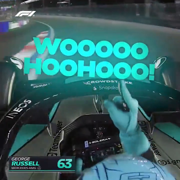 George Russell couldn't wait to celebrate this one ☝️ The race winner took the final corner with one hand as he fist-pumped his way to the line 🏁 #F1 #LasVegasGP