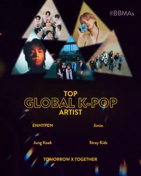 #BBMAs Top Global K-Pop Artist Finalists: 🎙️ ENHYPEN OFFICIAL 🎙️ #Jimin 🎙️ #JungKook 🎙️ Stray Kids 🎙️ TXT OFFICIAL Watch the #BBMAs → Thursday, Dec. 12 at 8pm ET on FOX, Fire TV 📺 and stream after on Paramount+!