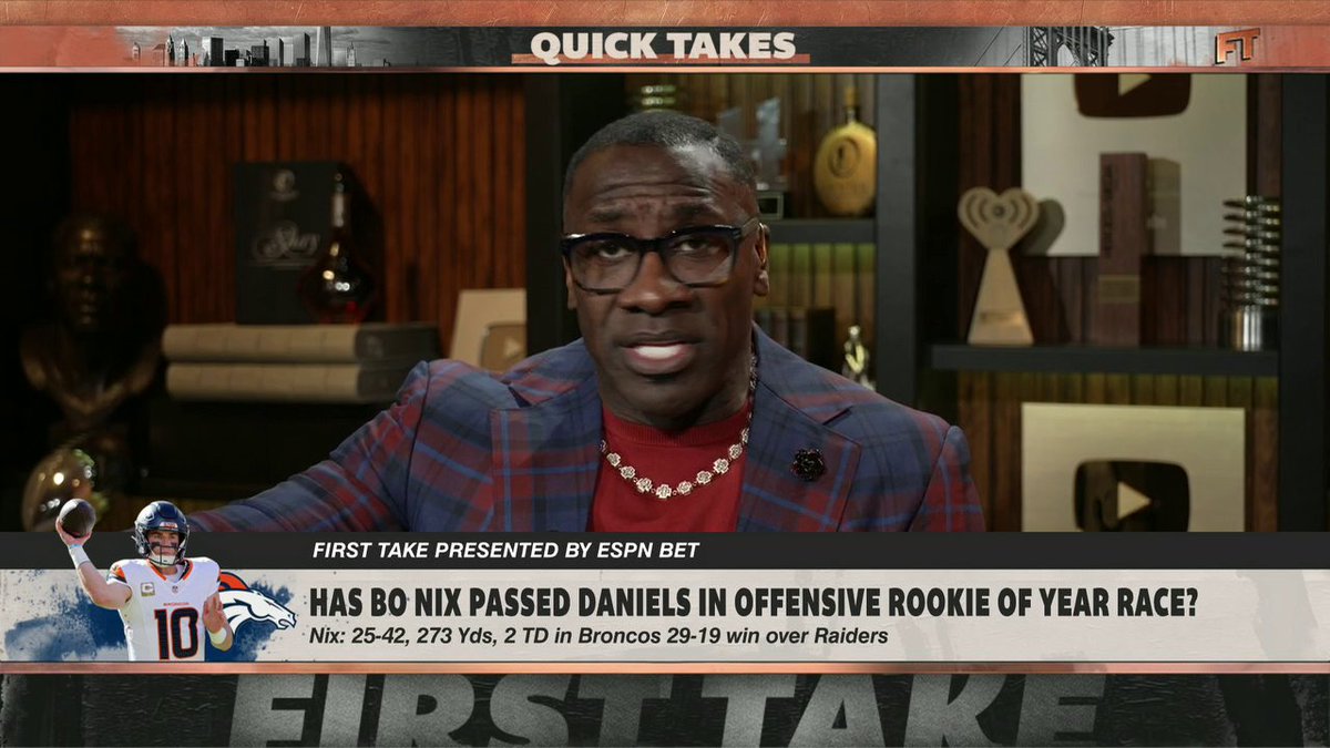 .shannon sharpe says Jayden Daniels and Bo Nix are in a “dead heat” for Offensive Rookie of the Year ✍️ “Bo Nix has been every bit as good … as Jayden Daniels.”
