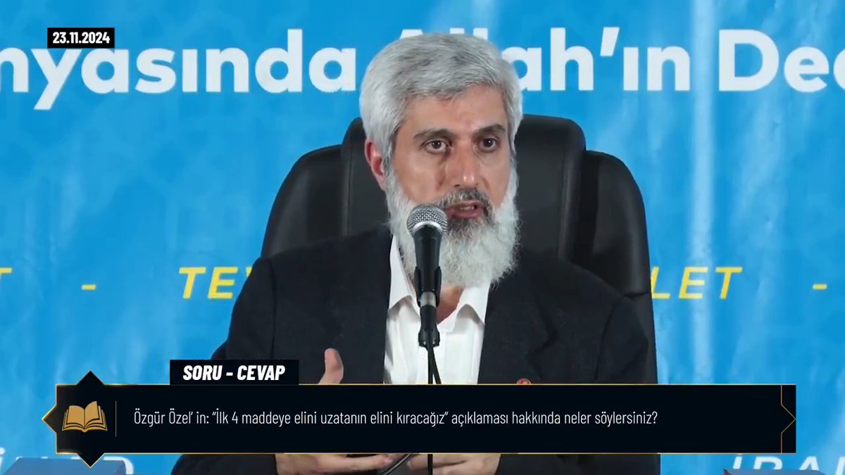 SORU - CEVAP | Özgür Özel’in: “İlk 4 maddeye elini uzatanın elini kıracağız” açıklaması hakkında: Özgür Özel parti genel başkanı mı yoksa mafya lideri mi? Elini kıracağız ne demek? Kendileri Allah’ın nizamını kaldırıp laik bir nizam kurarken kimseye sormuyorlar, sormaya gerek bile görmüyorlar ama siz laikliğin kaldırılmasını teklif bile edemiyorsunuz. Herhalde kendilerini Allah’tan da üstün görüyorlar. Bu, insanın haddini aşmasıdır.