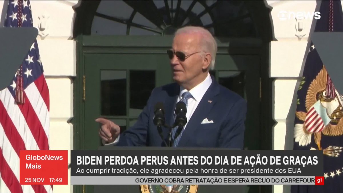 Joe Biden concedeu o tradicional perdão a dois perus antes do Dia de Ação de Graças, um dos feriados mais importantes nos EUA. Os perus se chamam Peach (Pêssego) e Blossom (Florescer). ➡ Assista ao #GloboNewsMais na #GloboNews: