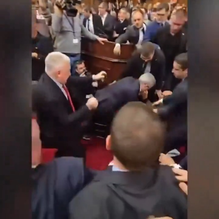 fist fight breaks out in serbian parliament after opposition mps blame govt for collapse of a railway roof that killed 15 people