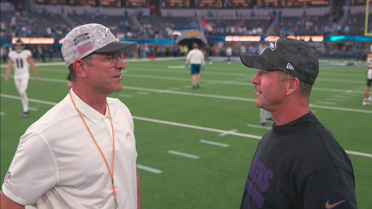 The Harbaugh brothers before facing off on Monday Night Football 🤝 What do you think they said to each other? 👀 📺 #BALvsLAC | 8:15 PM ET | ESPN/ABC