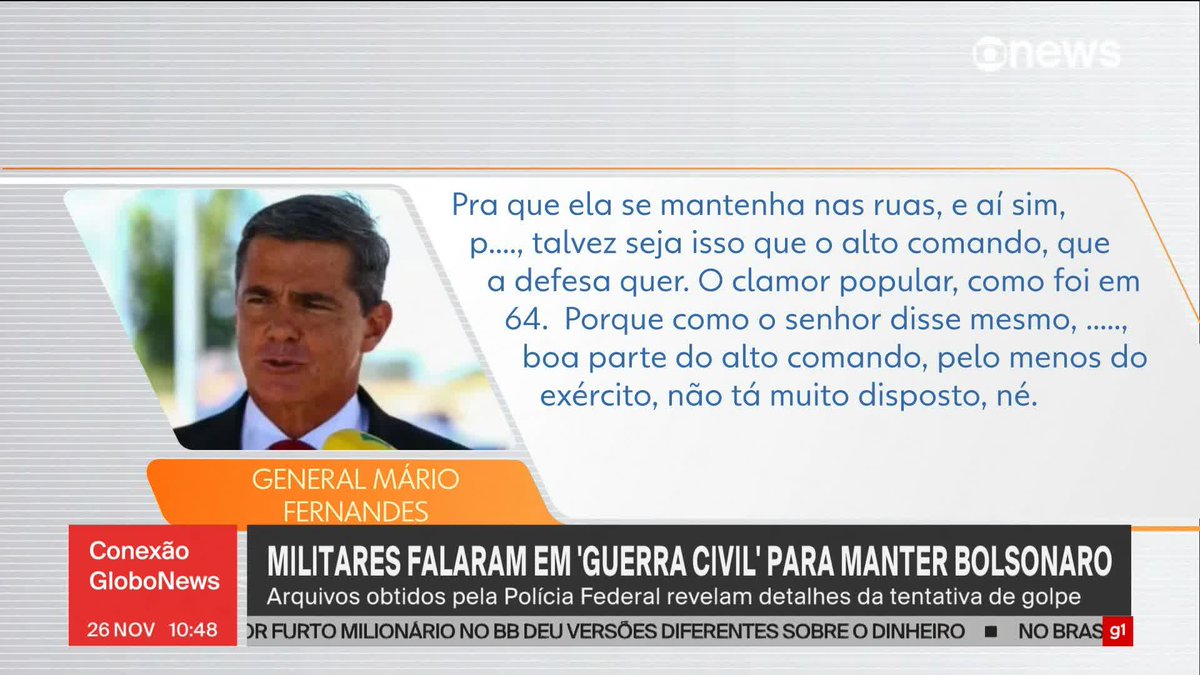 Novos áudios mostram que militares falaram em "guerra civil" para manter Bolsonaro. Arquivos obtidos pela Polícia Federal revelam detalhes da tentativa de golpe. ➡ Assista ao #ConexãoGloboNews: #GloboNews
