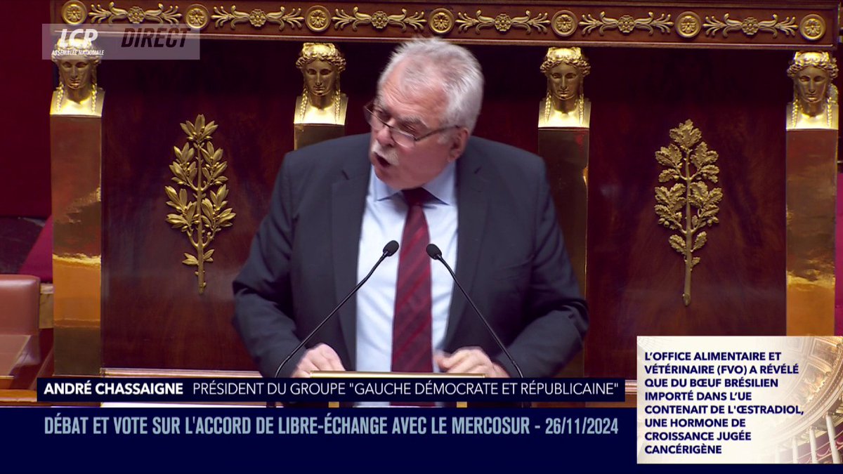 "Comme je ne suis pas un perdreau de l'année, je ne suis pas convaincu que la France ira jusqu'à bloquer cet accord", déclare André Chassaigne. "Est-elle prête à faire usage de son droit de véto au Conseil européen ?" #DirectAN #Mercosur