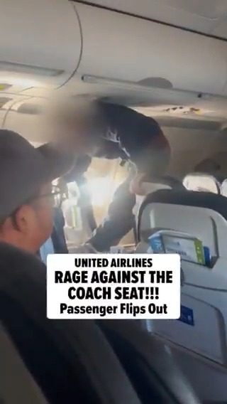 Crazy man tries destroying his airplane seat.