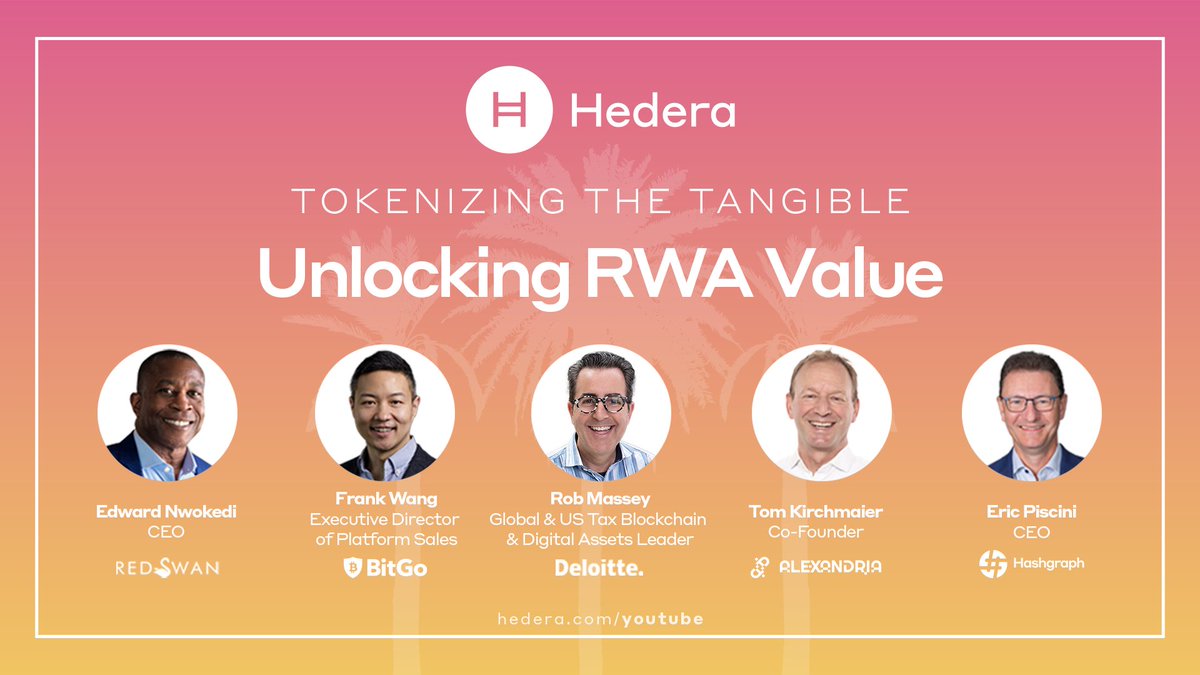 #Hedera Forum Miami 🌴 | #RWA tokenization is unlocking new avenues for accessibility and innovation across global markets. 🎤 Hear from Edward Nwokedi | RedSwan Digital Real Estate Whitney Rollins, Frank Wang BitGo, Rob Massey Deloitte, @KirchmaierTom Alexandria, and Eric Piscini Hashgraph