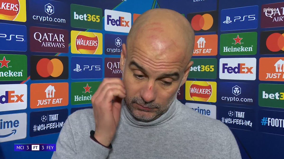 Pep Guardiola's full-time reaction after seeing his Man City side throw away a 3-0 lead at home... 🎤 Gabriel Clarke #UCLonPrime