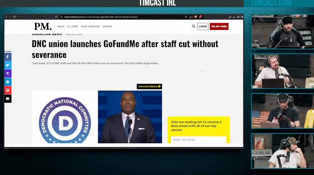 The @timcast crew reacts to a DNC union launching a GoFundMe after staff were cut without severance