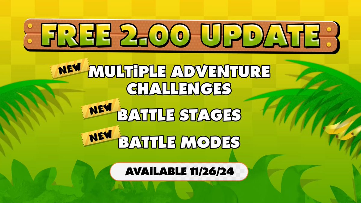 🚃 Wreak destruction as GODZILLA 🎵 Groove through stages as HATSUNE MIKU 🌀 Play 4 new Adventure rulesets ☠️ Conquer new Ultimate World EX stages The guest character DLC and FREE 2.00 Update are available NOW in Super Monkey Ball Banana Rumble! 🍌