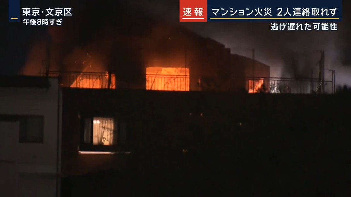 【文京区のマンションで火災 2人逃げ遅れか】 東京・文京区 小石川の6階建てマンションで火災が発生。東京消防庁によると屋上にある小屋のような建物が燃えたということです ポンプ車など35台が出動して消火活動 ▼屋上には1世帯4人が住む 1人は目視で確認も、その後どうなったか不明 4人のうち2人とは連絡が取れており、2人が逃げ遅れた可能性 近隣住民 「風が強すぎて火が止められない感じはすごく感じた。なかなか水が届かないのと、風が強いというところで（消火活動が）なかなか進んでいないんだろうなと」