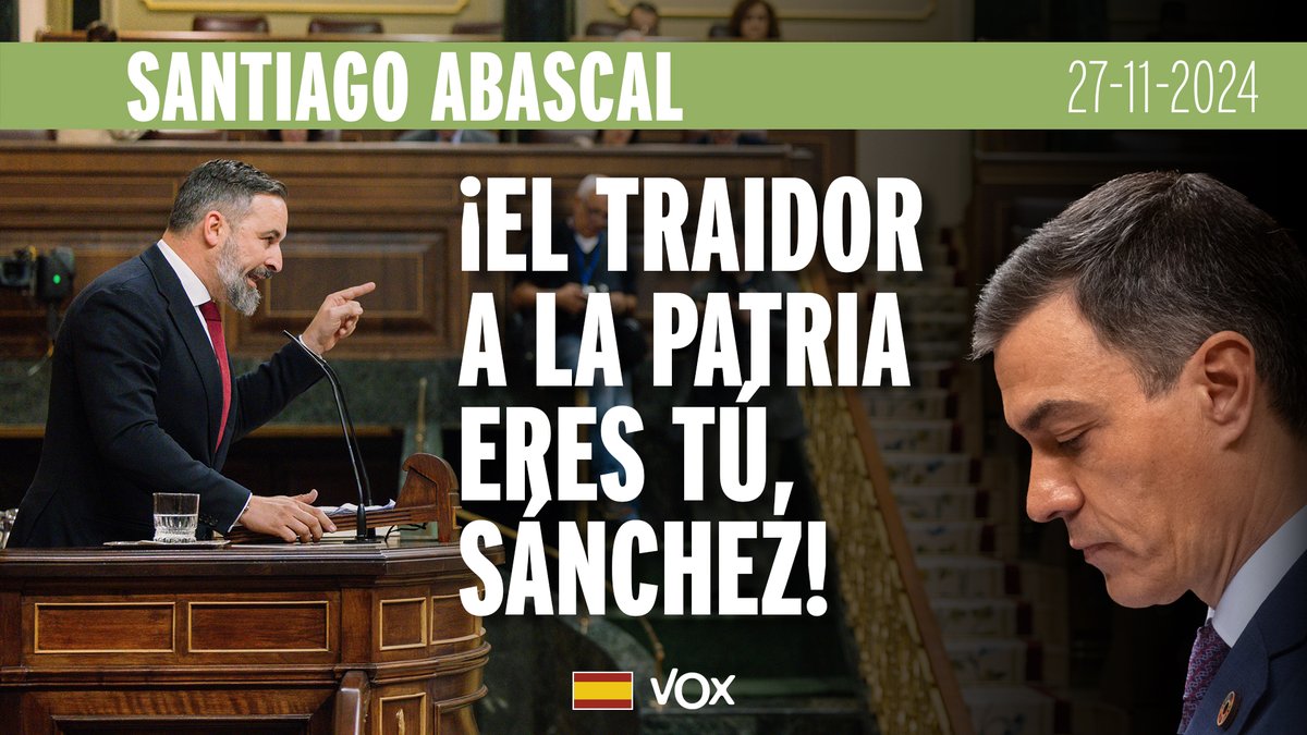 ‼️ Pedro Sánchez llama "traidor a la Patria" a Santiago Abascal y su respuesta es APOTEÓSICA. Así se le responde a un corrupto. 👏🏻👏🏻