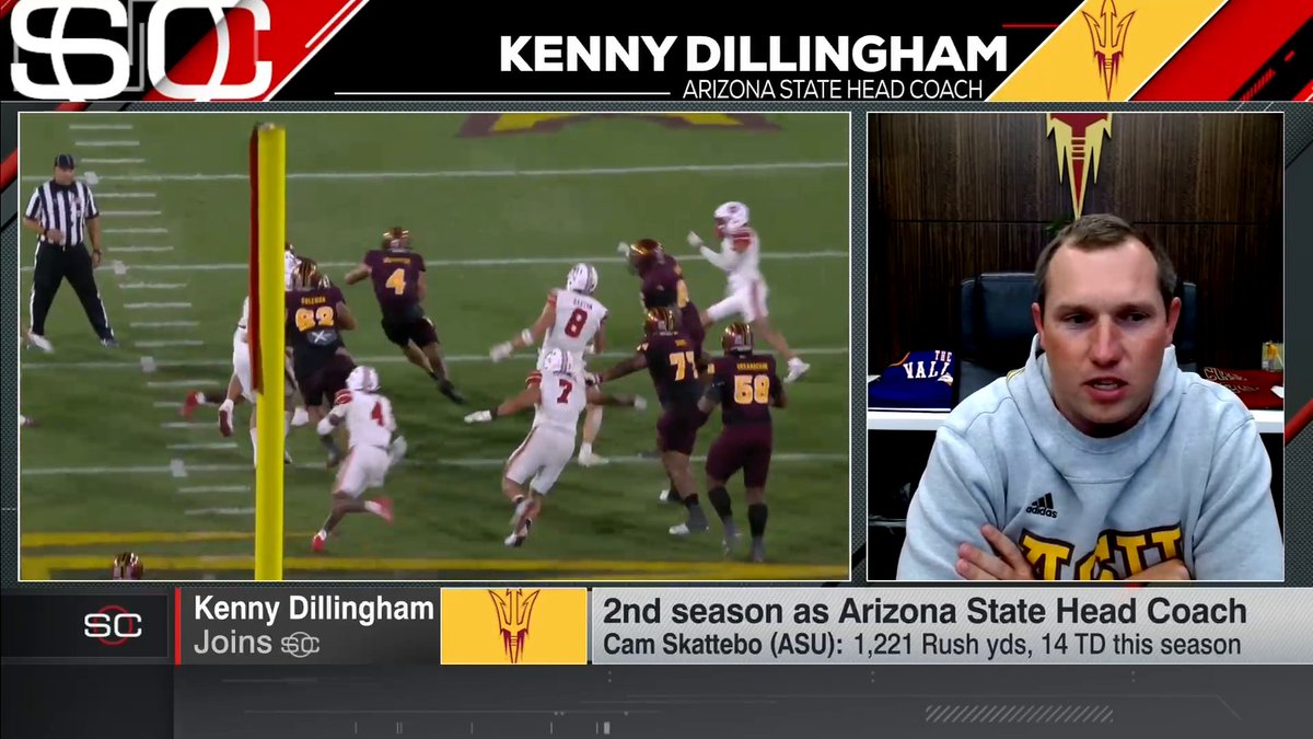 "[Cam Skattebo] should 100% be getting some Heisman love." Arizona St. HC Coach Dillingham tells Matt Barrie he believes Cam Skattebo deserves more recognition amidst the Sun Devils' 9-2 season ☀️