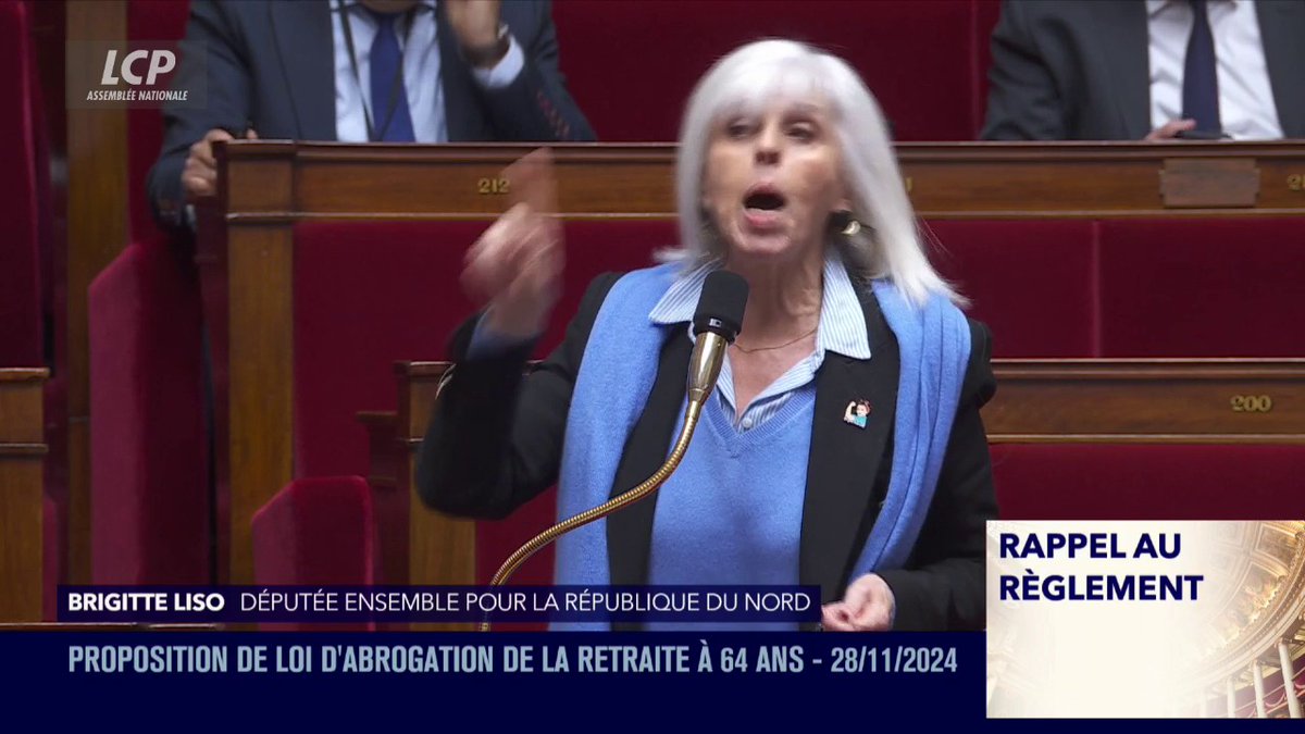 "Je prends la parole en tant que bourgeoise", ironise Brigitte Liso après avoir été qualifiée comme telle par Louis Boyard sur le réseau social X. "La bourgeoise a commencé à travailler à 14 ans le samedi pour aller à l'école, à 18 ans pour gagner sa vie." #DirectAN #Retraites