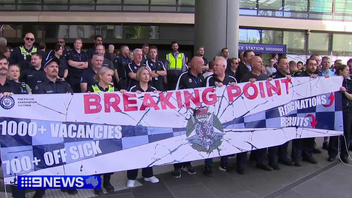 Hundreds of officers stationed at Victoria Police headquarters have walked off the job as tensions over their pay dispute deepen. It's the biggest show of force in their campaign as they wait for the Fair Work Commission to decide how to handle to crisis. Gillian Lantouris #9News