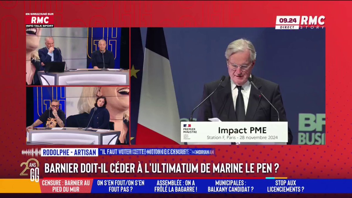 🏛️ Michel Barnier doit-il céder à l’ultimatum de Marine Le Pen ? 📞 Rodolphe au 3216 : "Soit il cède, soit il est censuré ! Ça fait depuis 1974 que le dernier budget a été voté à l'excédent... Ça fait 50 ans qu'on nous fait les poches..." #GGRMC