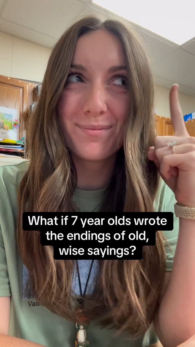 From taylor.tackles.everything on IG: “Today, I had my students finish the endings to some classic proverbs, and it was *very* clear they had never heard these before! 😅 Their unique takes were both hilarious and heartwarming. 🩷 Catch me saying the *updated* 7 year old versions of these wise sayings from now on 😂” Want to try this fun activity in your classroom? Visit taylor.tackles.everything’s page on Instagram.