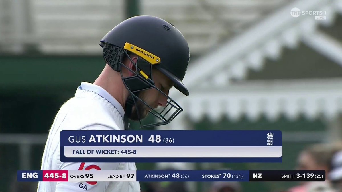 Gus Atkinson with a great batting display before being caught out ❌ A top innings at No. 9 - 48 off 36 balls 👏 📺 Watch #NZvENG with TNT Sports and discovery+