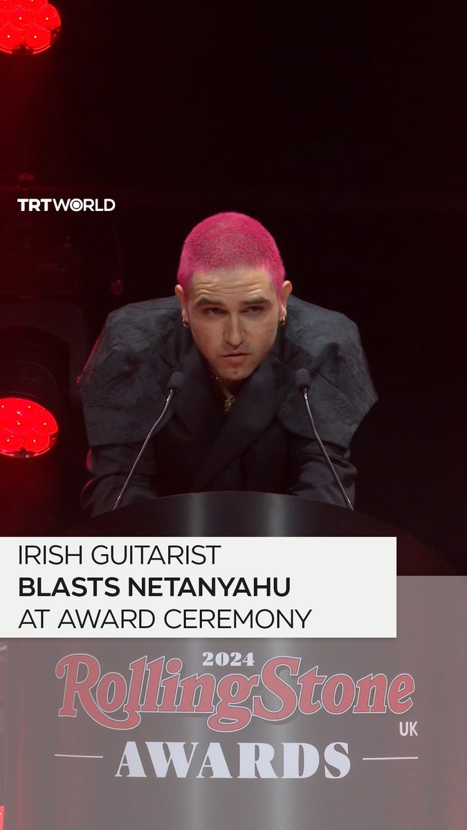 “Free Palestine, f**k Netanyahu and f**k Zionism” Carlos O'Connell, guitarist of Irish rock band Fontaines DC, chanted for Palestine as his band received the Best Album Award at the Rolling Stone Awards in London