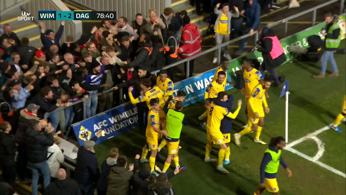 Oh my 🤯 Non-league Dagenham &amp; Redbridge are back in front against Wimbledon ⚽️ Get the sound on and watch the scenes from those travelling fans 🎥