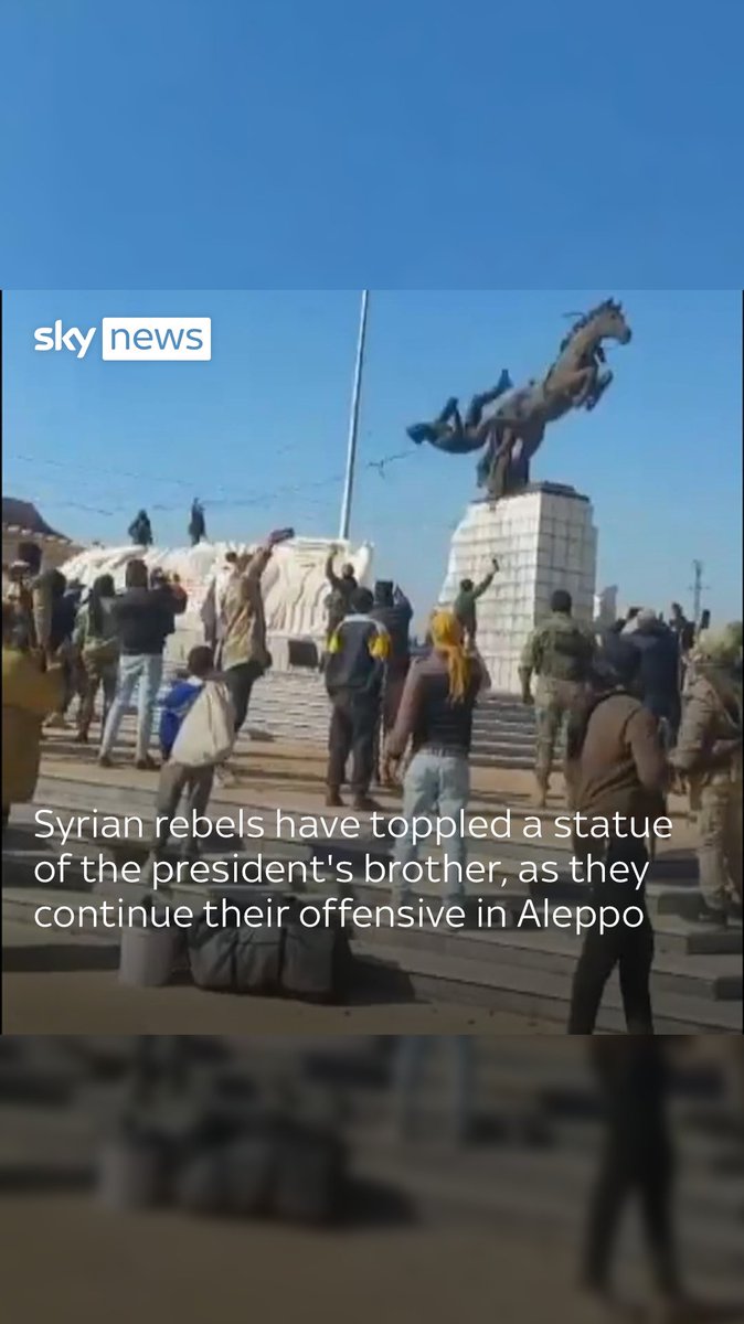 Syrian rebels have toppled a statue of the president's brother, as they continue their offensive in Aleppo, Syria ⬇️