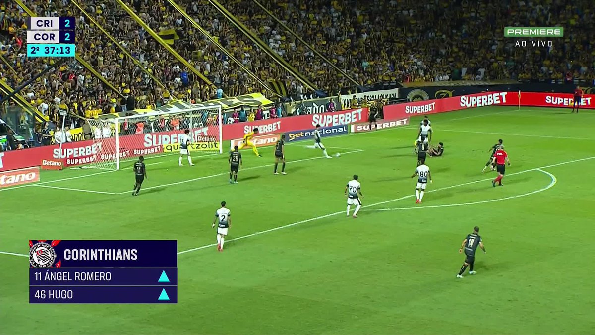 Que falha! Romero serviu a Yuri Alberto na sequência, e atacante fez o terceiro gol do Corinthians em Criciúma.