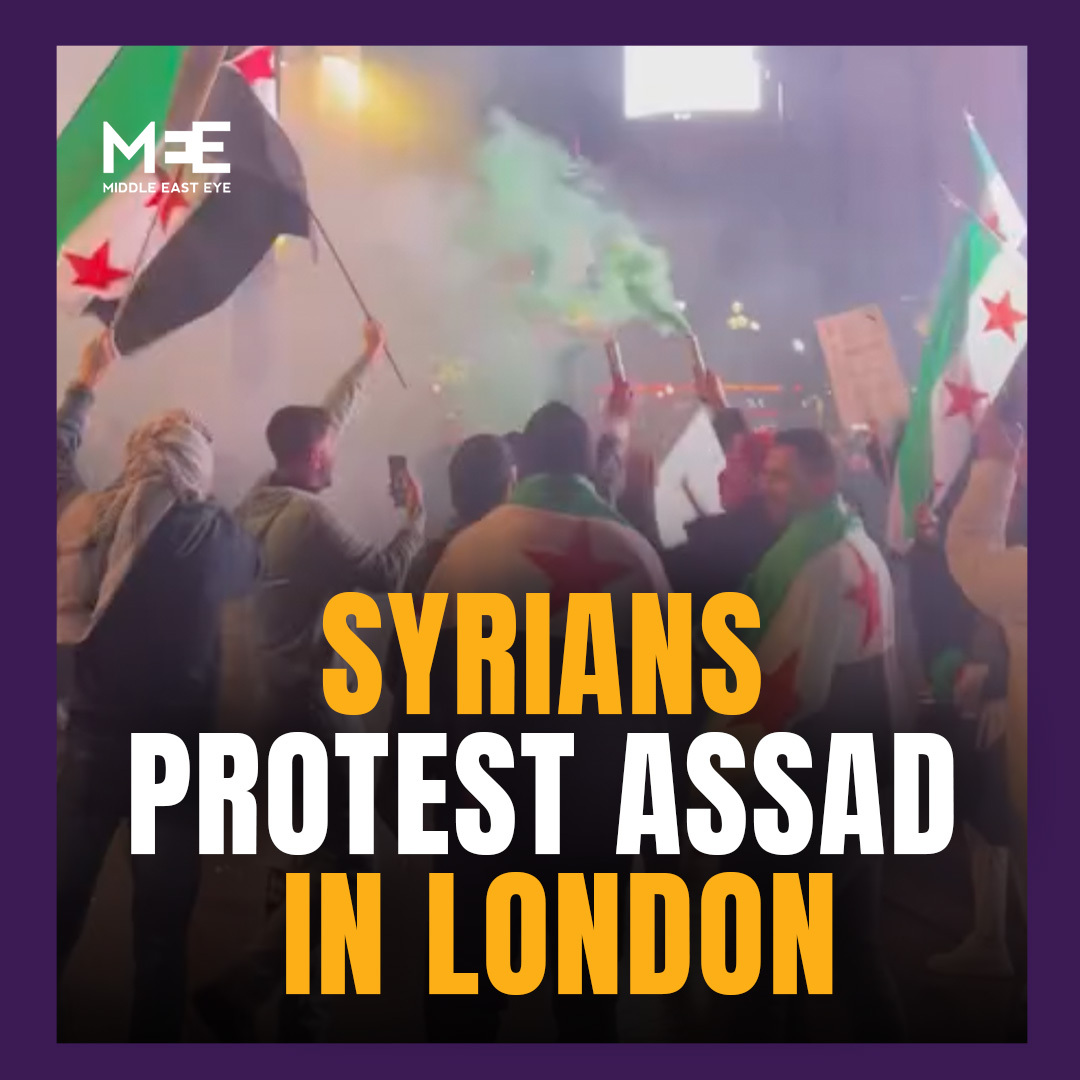 "Enough with Assad." After Syrian rebels took Aleppo from government control on Saturday, Syrians gathered in London to call for President Assad's removal. Chanting "We want freedom" and "Bashar has fallen", they also called for a free Palestine and the removal of Netanyahu.