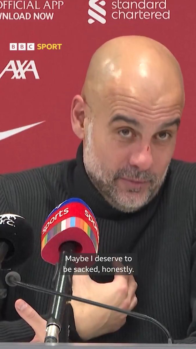"Maybe I deserve to be sacked, honestly!" 👀 Pep Guardiola jokingly responds to the chants at Anfield that he should be sacked. #BBCFootball #LIVMCI