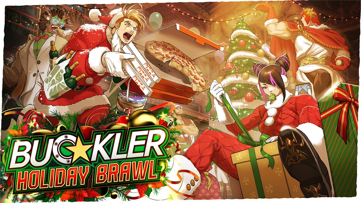 #スト6 ファイティングパス 「BUCKLER ホリデーパーティー」🎄🎉 ⏰12/2 17時より配信⏰ 今回は「ルークのグローブ」を始めとした、師匠からのお気に入りのアイテムも報酬としてプレゼント! 「マリーザのサングラス」「ジュリのスマホ」「ディージェイのヘッドホン」「JPの杖」などのお師匠愛用アイテムを手に入れてホリデーパーティを楽しもう🎁