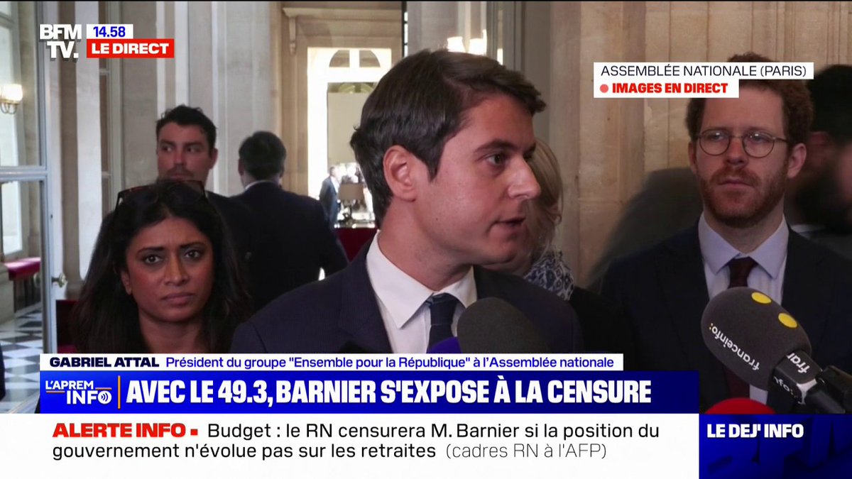 Menace de censure de Michel Barnier: "L'heure est grave, le quotidien immédiat des Français se joue cet après-midi", déclare Gabriel Attal, président du groupe Ensemble à l'Assemblée