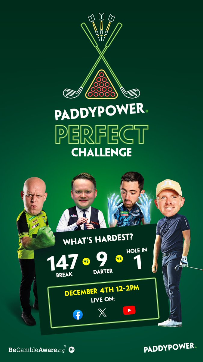 Which one is more difficult❓ 🎯 Nine-darter 🎱 147 ⛳️ Hole in one Find out once and for all with the Paddy Power Perfect Challenge! ⏰ 12 - 2pm 🗓️ 4th December 🎥. Live on PP Social Media Channels