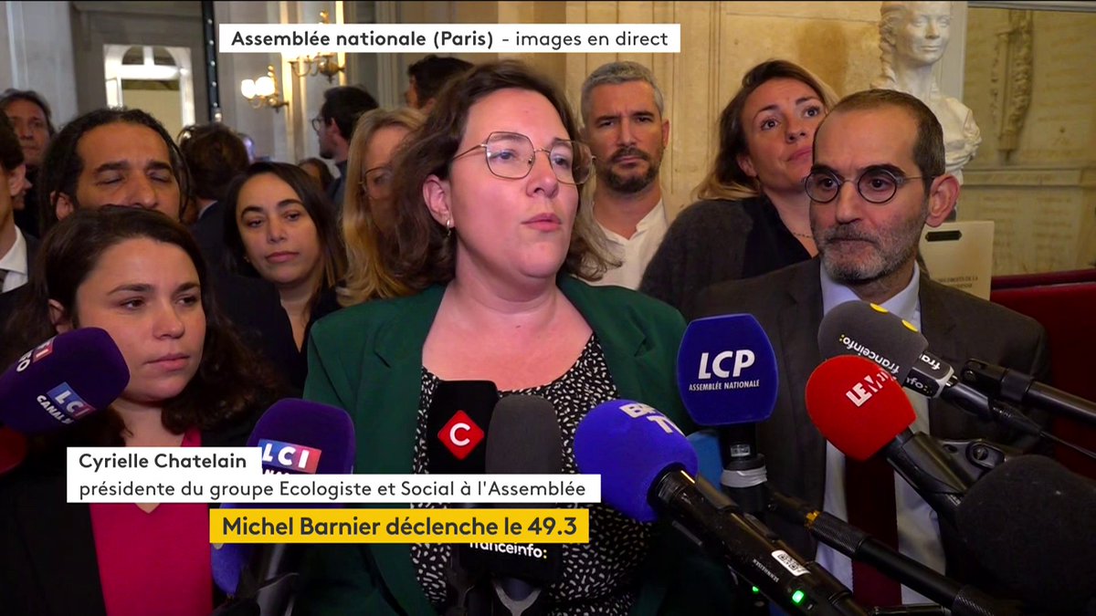 🔴 DIRECT - "Nous voterons [la motion de censure] et la déposerons parce que nous pensons que le gouvernement de Michel Barnier doit tomber", réagit à l'instant la présidente du groupe Ecologiste et Social Cyrielle Chatelain.