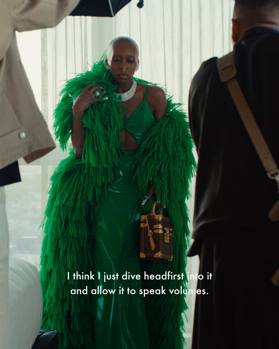 Cynthia Erivo in Louis Vuitton. Ahead of the "Wicked" premiere in Los Angeles, House Ambassador Cynthia Erivo delves into the custom #LouisVuitton looks designed by Nicolas Ghesquière in tribute to her character's striking green trademark. #CynthiaErivo #NicolasGhesquiere