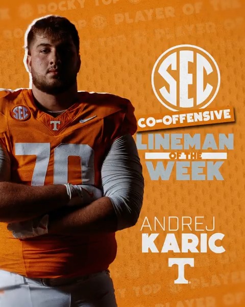 🏈 SEC Offensive Lineman of the Week: WK 13 🟠 Andrej Karic Tennessee Football x #SECFB