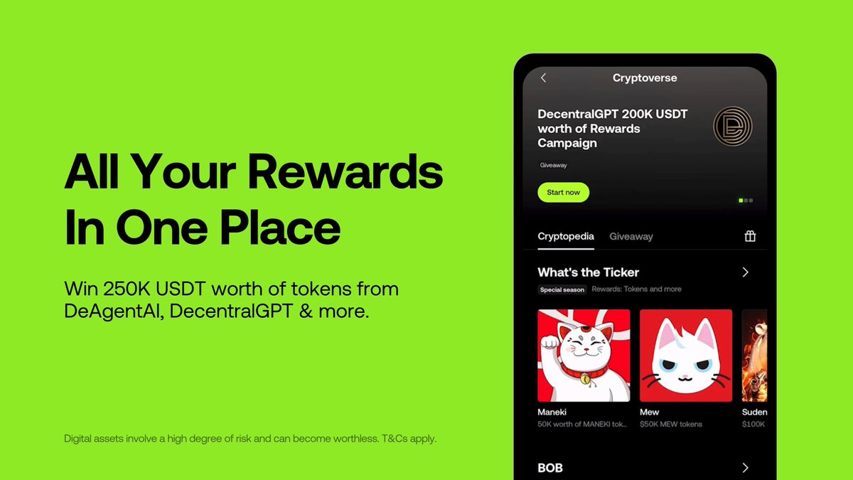 Introducing Cryptoverse: your go-to destination for discovering crypto rewards. Dive into DecentralGPT, DeAgentAI &amp; Liquidium quests this week for your shot at TGE tokens worth 250K USDT! Start here: