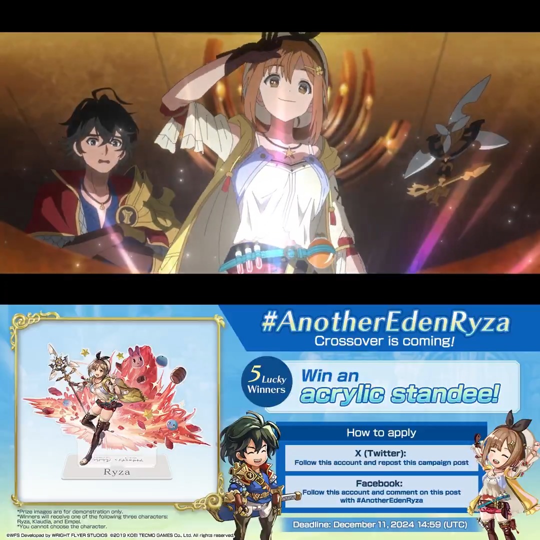 [ #AnotherEdenRyza Crossover Giveaway Campaign 🎁] Follow this account and repost this post to apply! 5 lucky winners will win an acrylic standee (Ryza, Klaudia, or Empel)! Read the rules: #AnotherEden × #AtelierRyza