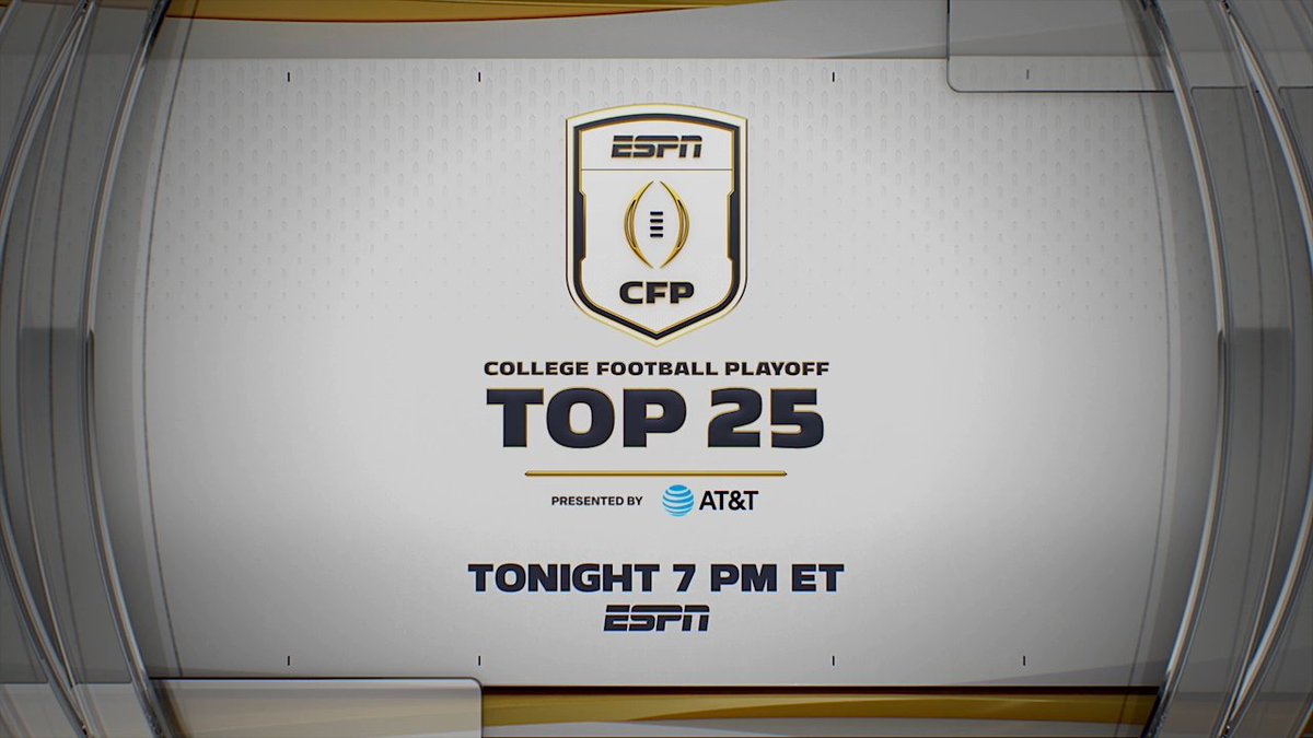 The final rankings before the final rankings. Tonight. ➡️ College Football Playoff Top 25 📅 Tuesday, December 3 ⏰ 7 p.m. ET 📺 @ESPN 📱 #ESPN app #CFBPlayoff 🏈🏆 ESPN College Football • ESPN PR