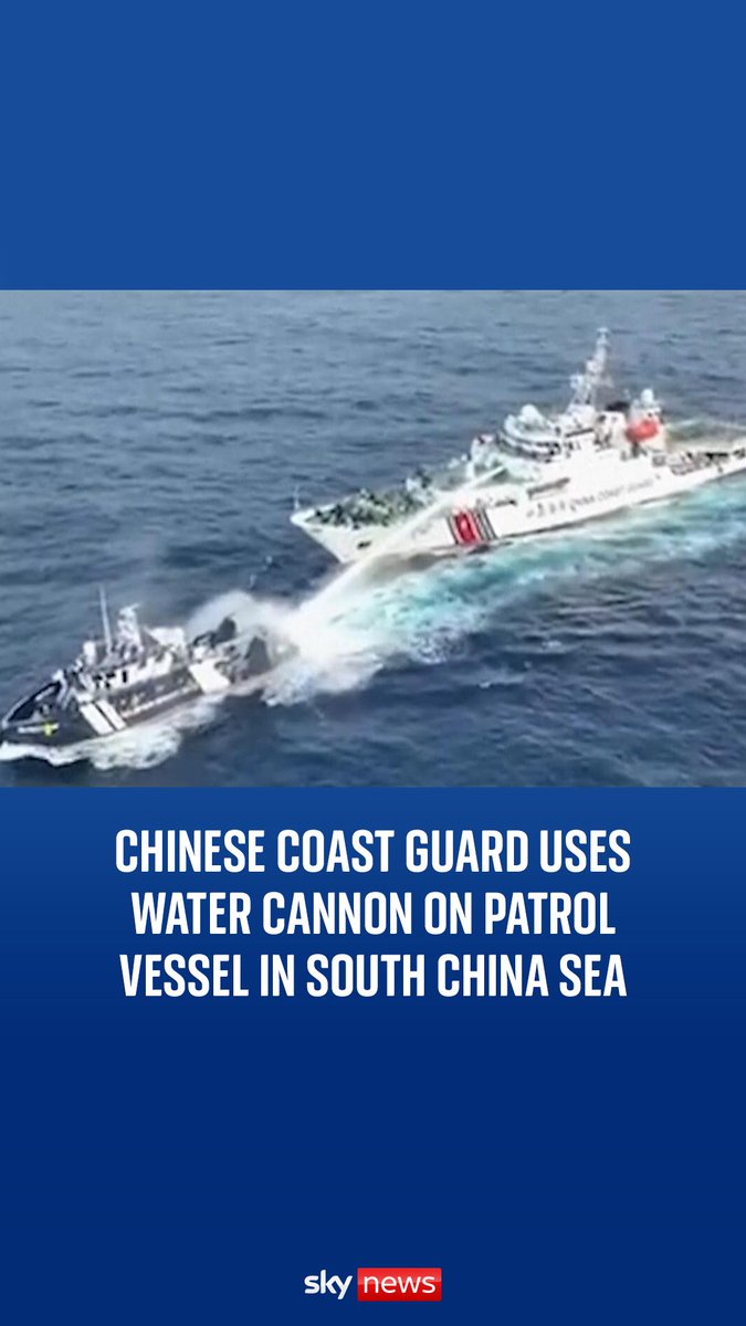 Watch as the Chinese Coast Guard uses a water cannon on a patrol vessel in the South China Sea. The Philippines said Chinese Coast Guard and navy ships deliberately blocked and sideswiped its patrol vessel on Wednesday