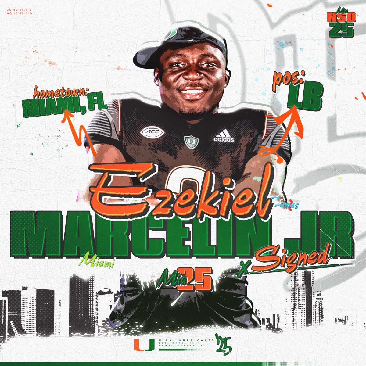 Welcome to the Canes family, EZEKIEL“EJ”XAVIER MARCELIN JR 4⭐️ LB 🏈: Linebacker 🏡: Miami, Florida 📚: Miami Central #GoCanes | #NSD25