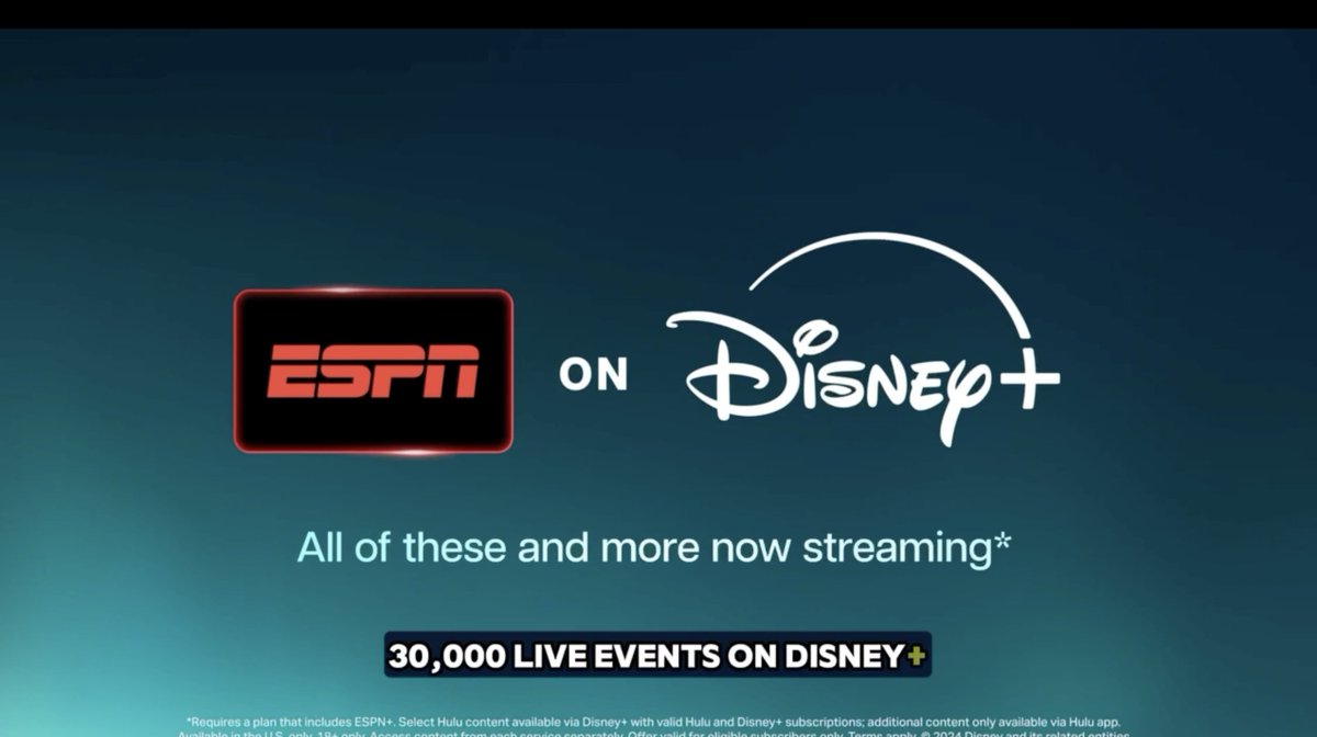 ESPN 🤝 Disney+ A winning team for sports & entertainment lovers! ESPN on Disney+ brings more than 30K live sports events, 6,000 hours of original content & 100+ hours of studio shows annually to Disney+/Hulu/ESPN+ Bundle subscribers More: