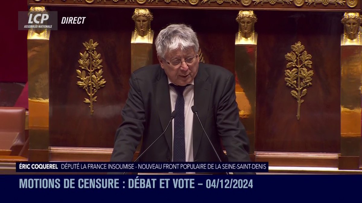 "M. le Premier ministre, nous faisons aujourd'hui l'histoire. Vous, parce que vous allez être le seul Premier ministre à être censuré depuis Georges Pompidou en 1962. Moi, parce que j'ai l'honneur de porter cette motion de censure", débute Eric Coquerel. #DirectAN