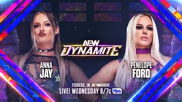 #AEWDynamite TONIGHT! Fishers, IN, near Indianapolis TBS, 8pm ET/7pm CT Anna Jay vs Penelope Ford One of AEW’s most intense rivalries will be renewed TOMORROW! Anna Jay, in pursuit of the TBS Title, faces the resurgent Penelope Ford!