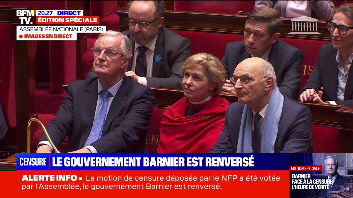 🔴 La motion de censure déposée par la gauche contre le gouvernement de Michel Barnier a été adoptée par l'Assemblée nationale